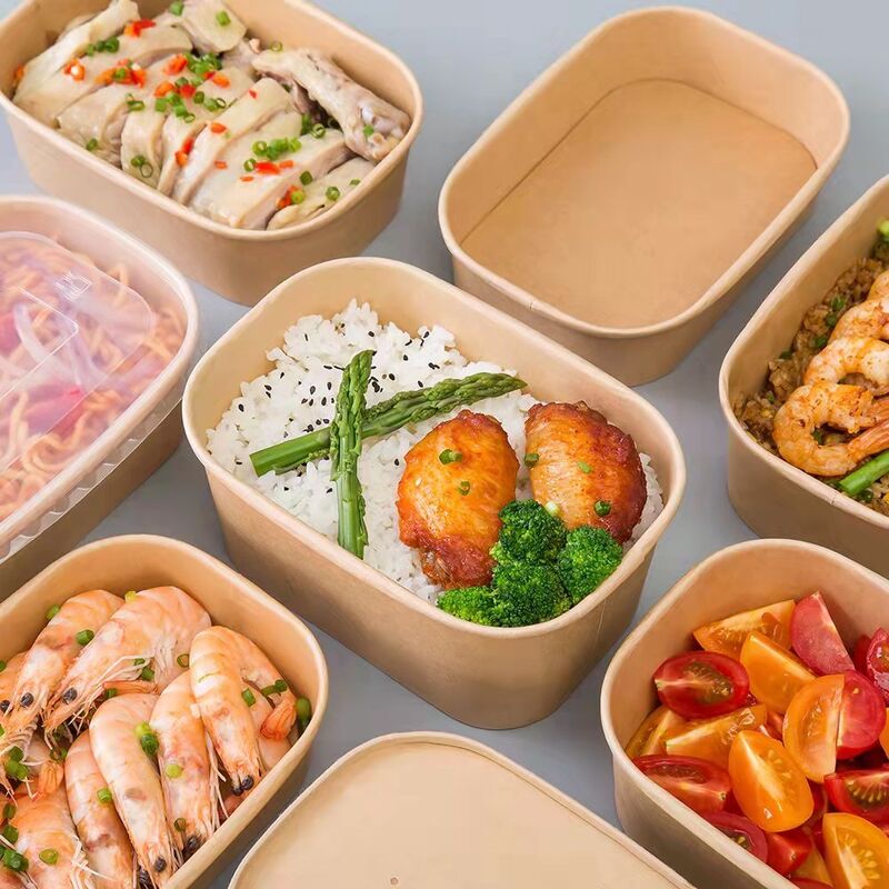 Custom Printed Rectangular Kraft Paper Bowls Disposable Takeout Containers Lids Thick Fast Food Packaging Boxes Matt Boxes
