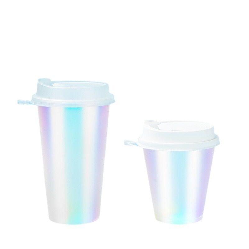 Custom Logo IML Spritzgießkaffeetassen    Rainbow Film Plastikgetränke Tassen mit Deckel, Einweg