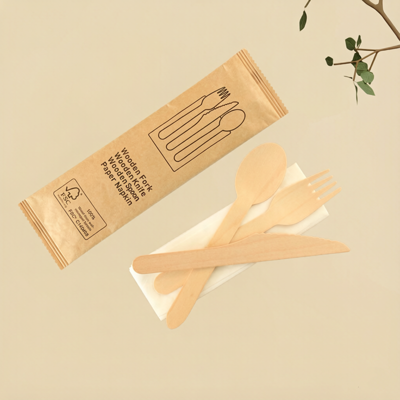 160mm Biodegradable Wooden Cutlery Set – Disposable Knife Fork Spoon & Napkin Kit, 250 Sets/Bulk Pack for Party & Event
